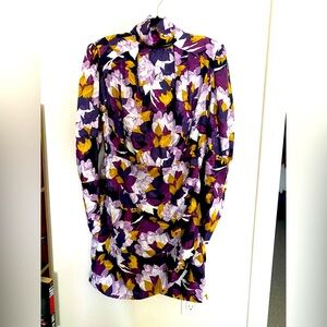 Purple and Gold tones flowery print, long sleeved mini dress with lining.